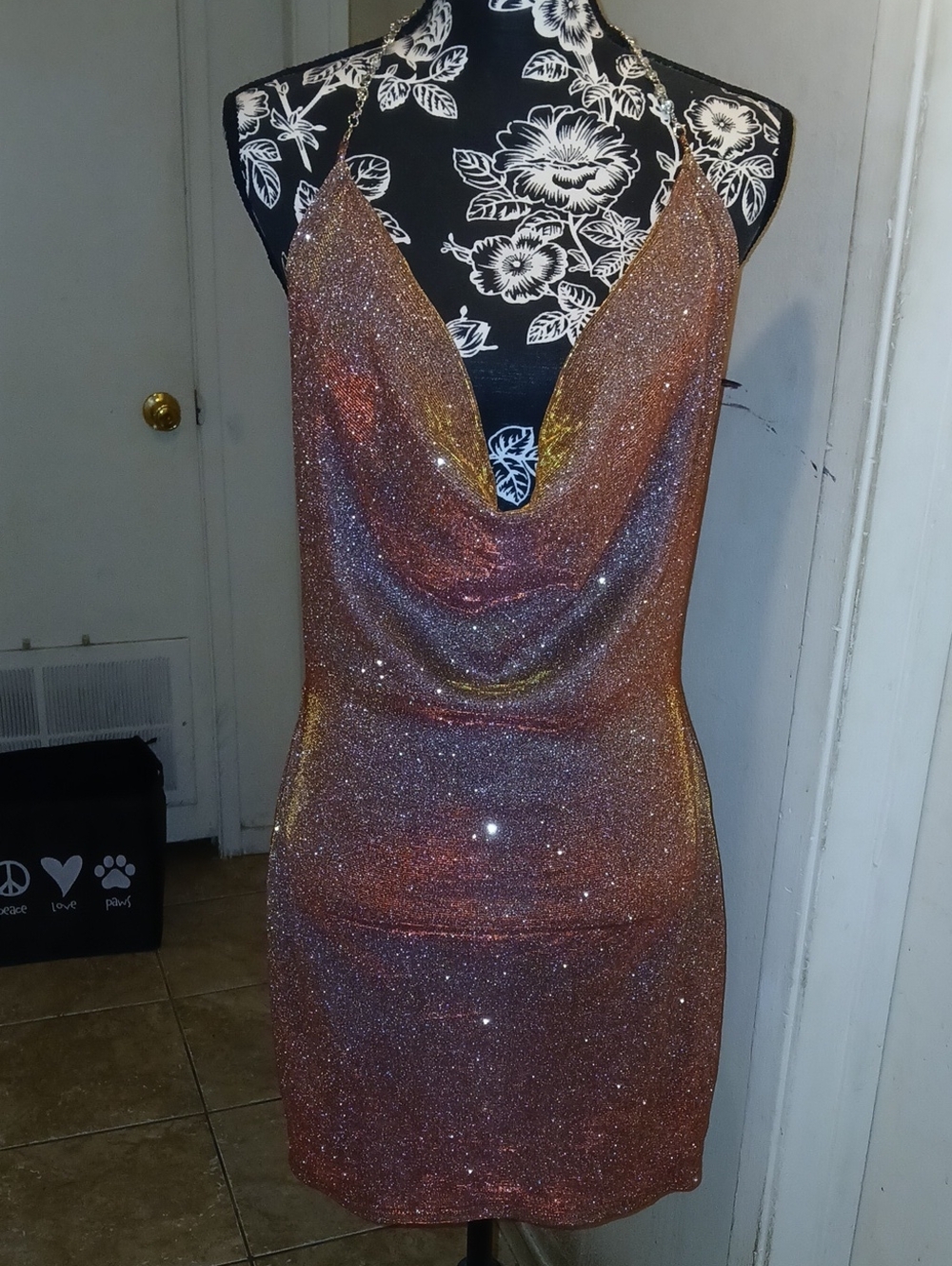 Sparkle Cowl Neck Mini Dress - Rose Gold